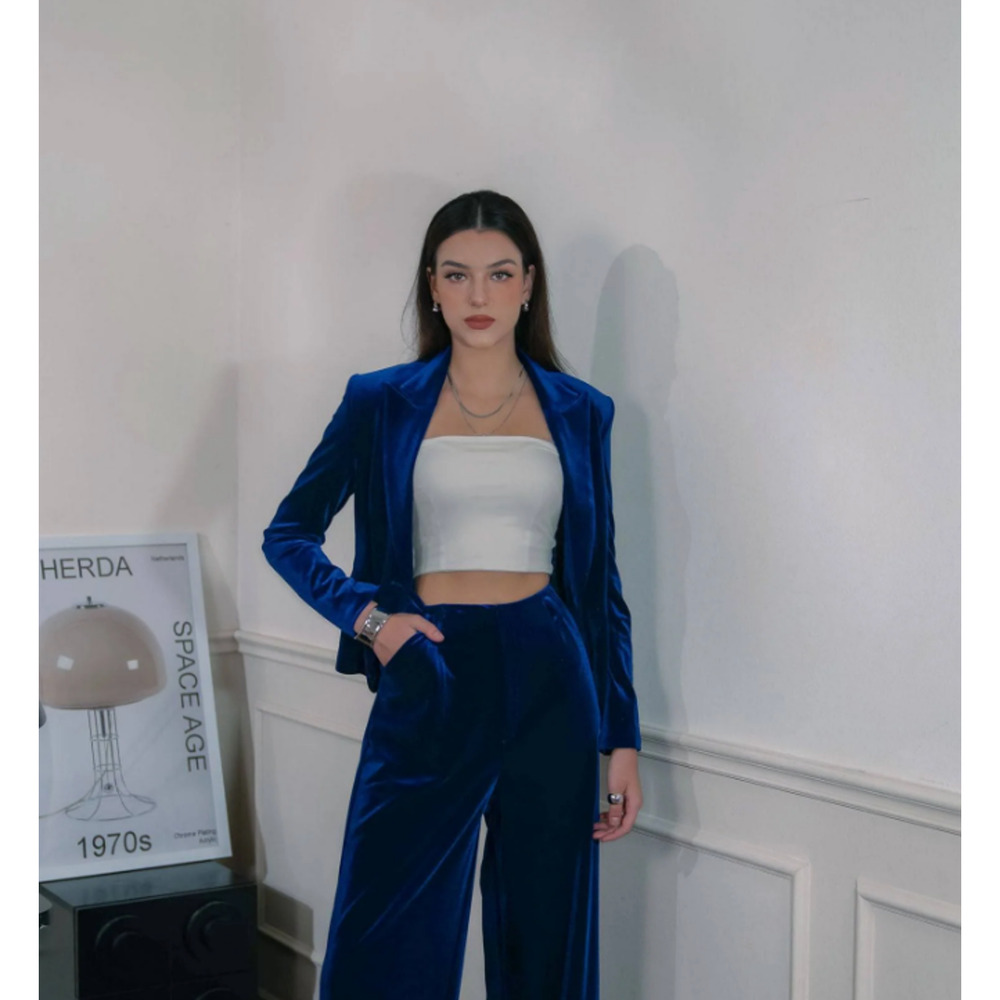 Atelier De La Hang Cropped Blue Velvet Blazer S NWT - Picture 5 of 7